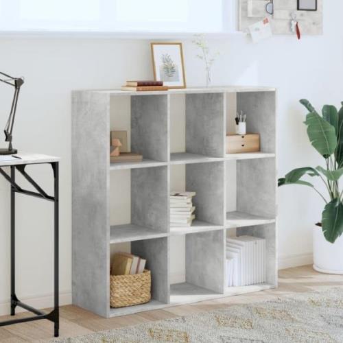 Gilford Wooden Bookcase With 9 Compartments In Concrete Grey