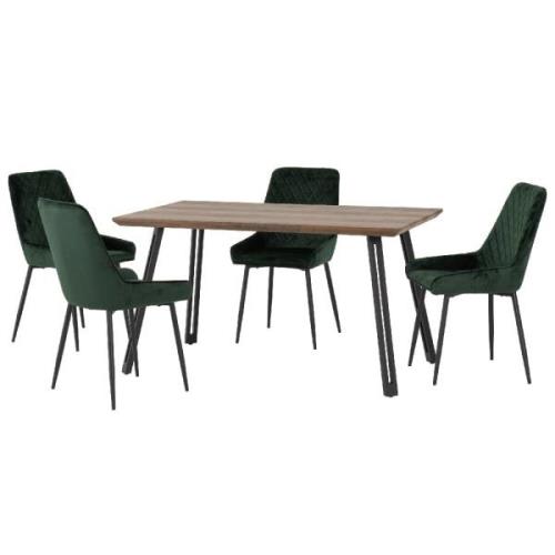 Qinson Oak Wooden Dining Table With 4 Avah Green Chairs