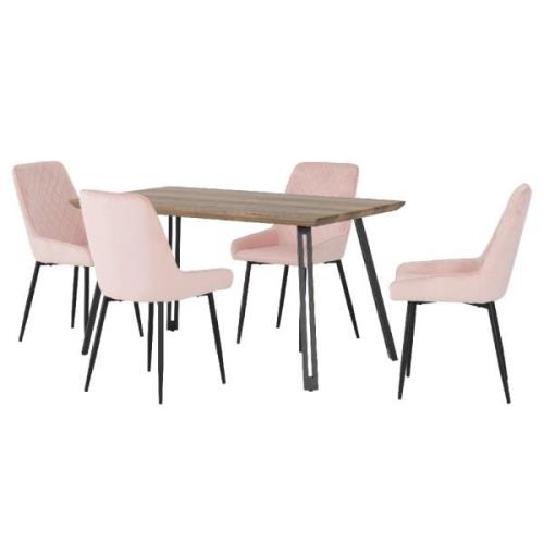 Qinson Oak Wooden Dining Table With 4 Avah Pink Chairs