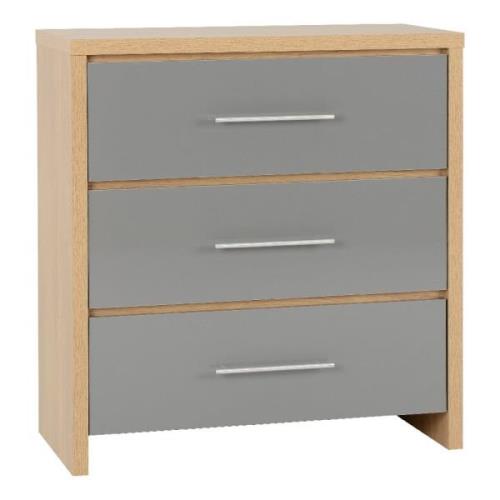 Samaira Wooden Chest Of 3 Drawers With Grey Gloss Front In Oak