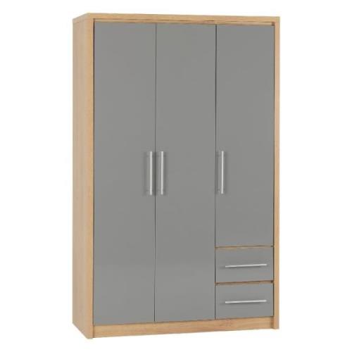 Samaira Wooden Wardrobe With 3 Door And Grey Gloss Front In Oak