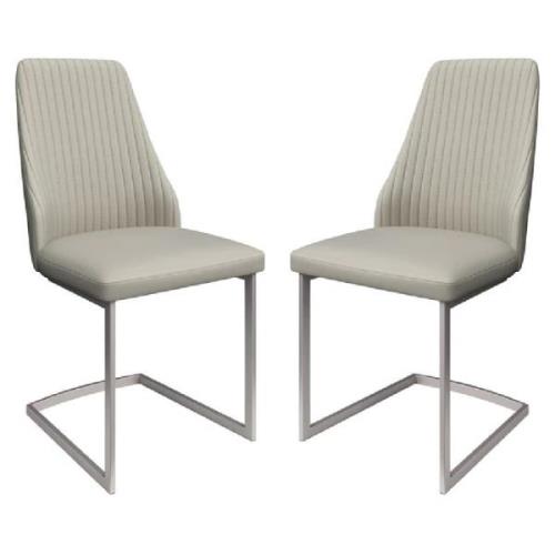 Madrid Light Grey Leather Dining Chairs With Steel Legs In Pair