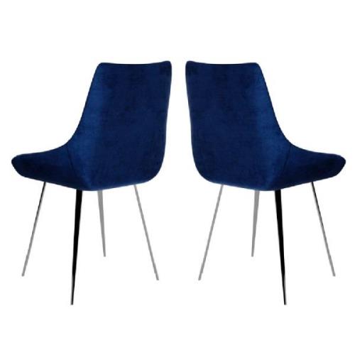 Laceby Dark Blue Fabric Dining Chairs With Chrome Legs In Pair