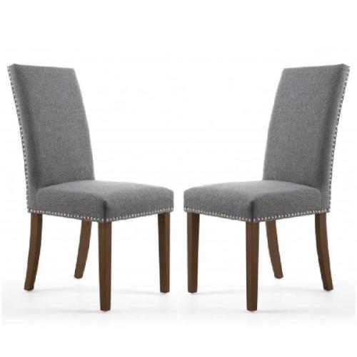 Rabat Steel Grey Fabric Dining Chairs With Walnut Legs In Pair